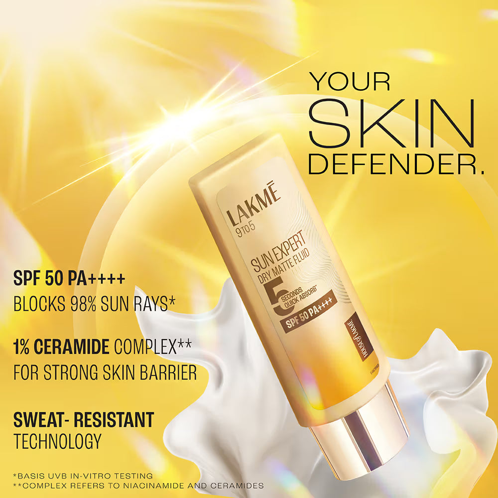 Lakme Sun Expert Dry Matte Fluid SPF 50 PA++++ Sunscreen With 1% Niacinamide & Ceramide (50ml)